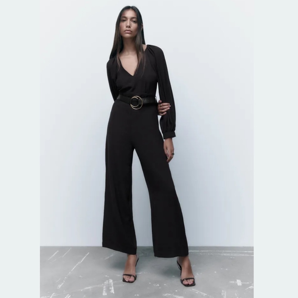 Zara Black Long V-neck Ballon Sleeves Wide leg Jumpsuit size XS